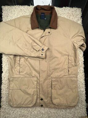 Vintage Nautica Mens Medium Leather Trim Chore Farm Jacket Full Zip Beige Lined